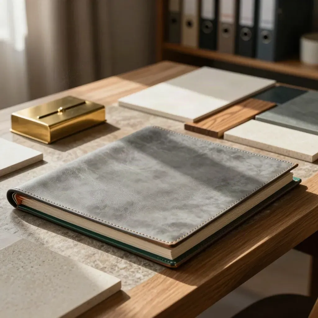 Leather strategy folios and brass accents on an oak table in warm window light.