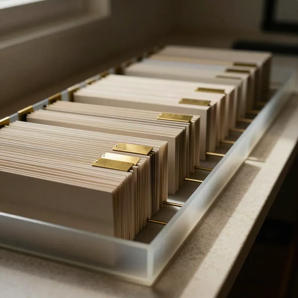 Brass-tagged planning trays and folder stacks aligned on a stone surface in a moody planning room.