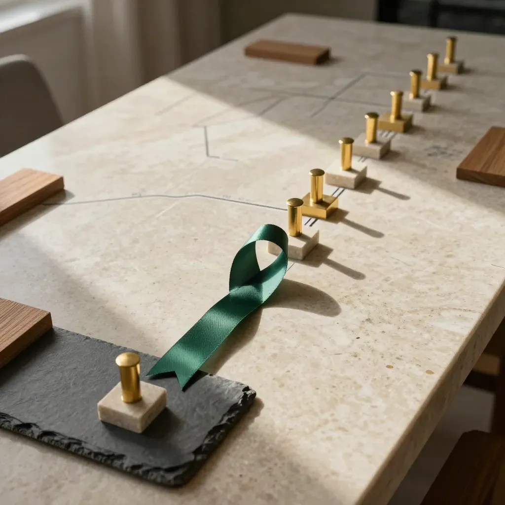 Brass roadmap markers and a green ribbon on travertine, lit diagonally through haze.