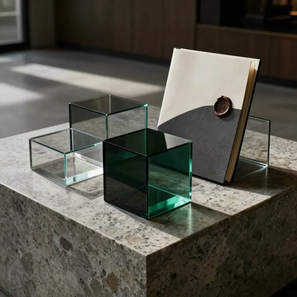 A travertine ledge with tiered acrylic pricing blocks and a sealed proposal folio in moody green light.