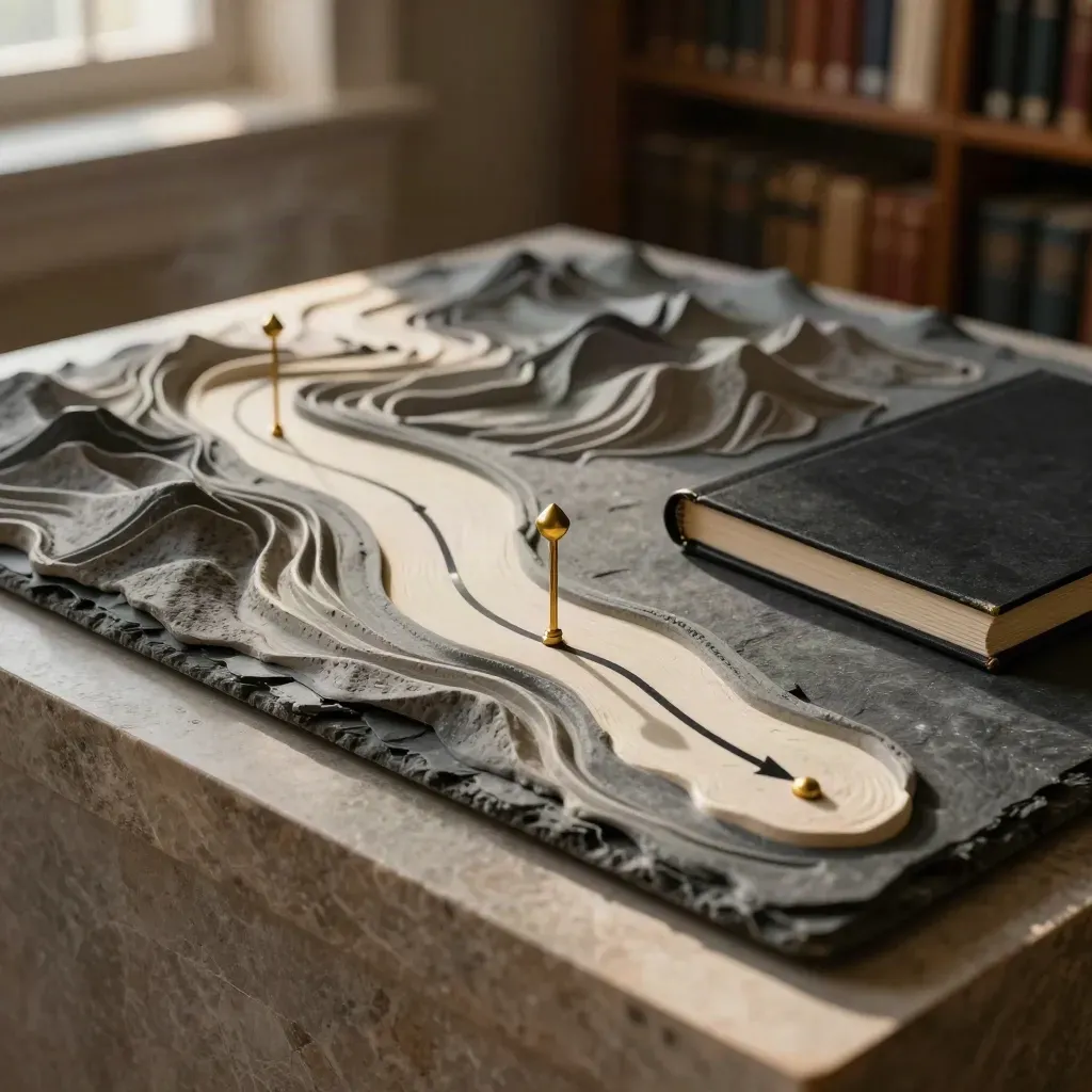 Topographic route model with brass pins and closed black folios on a stone surface.