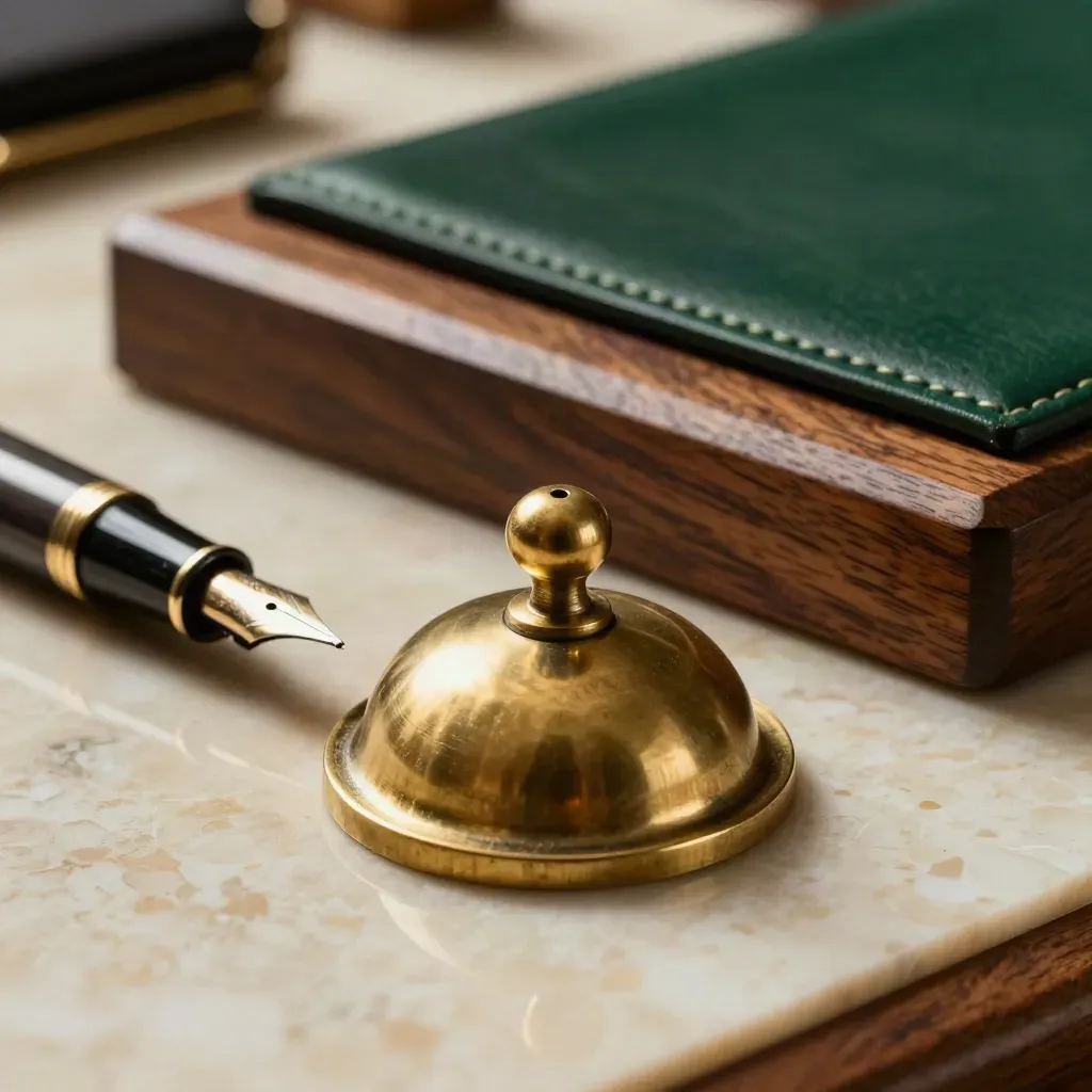 Brass seal, pen nib, and oak paperweight on travertine with deep green leather.