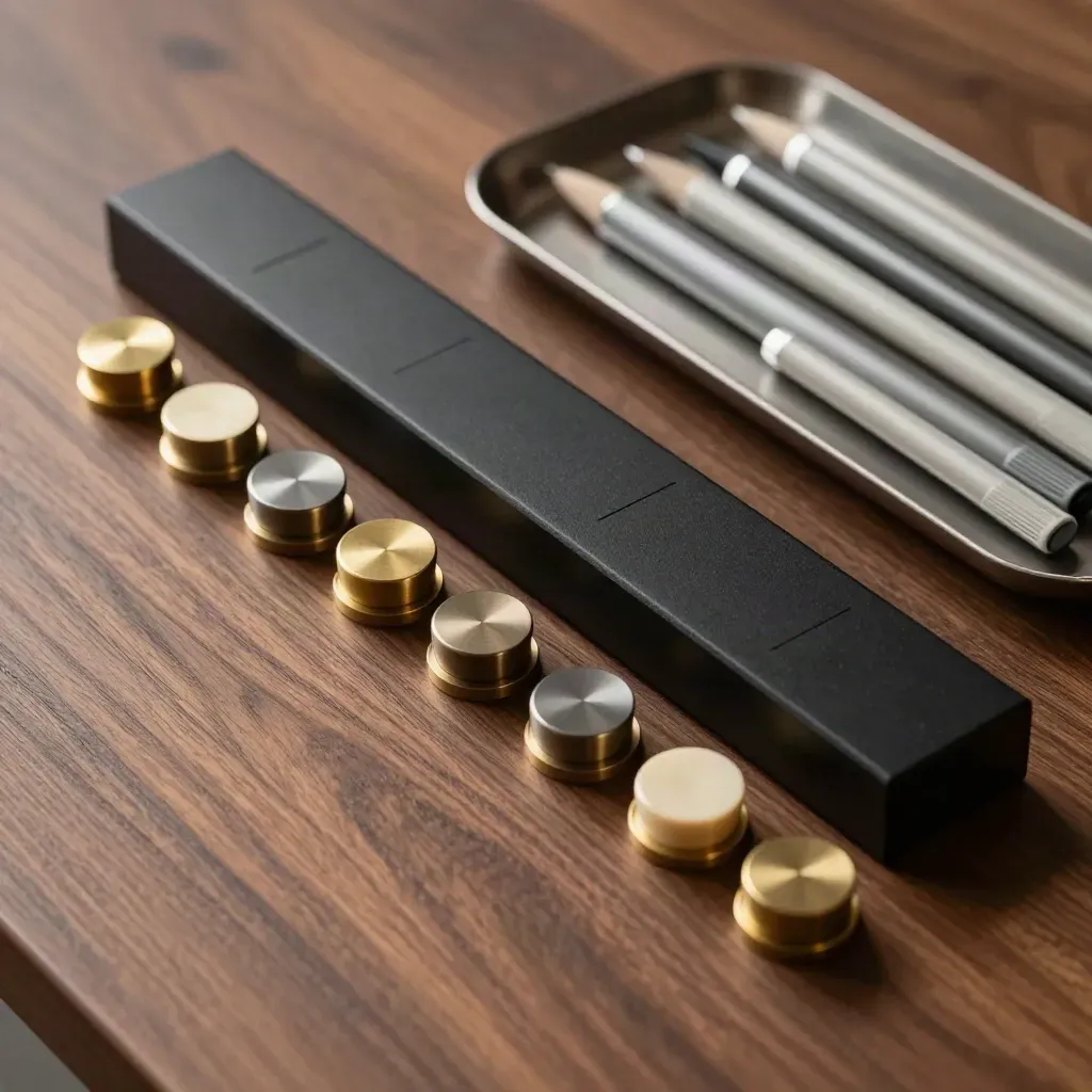 Brass workflow tokens, black time block, and aligned markers on a walnut strategy table.
