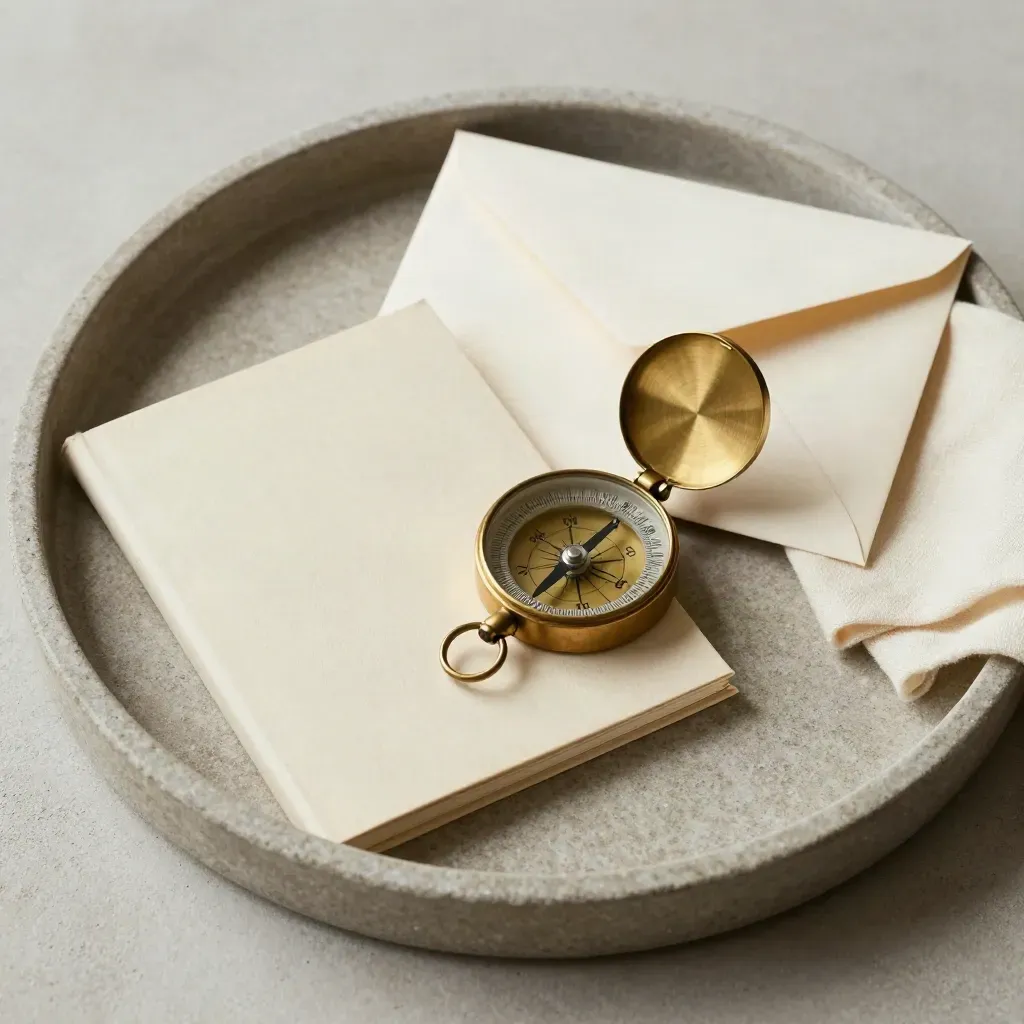 Brass compass, revised folios, sealed envelope, and folded cloth on a stone tray seen overhead