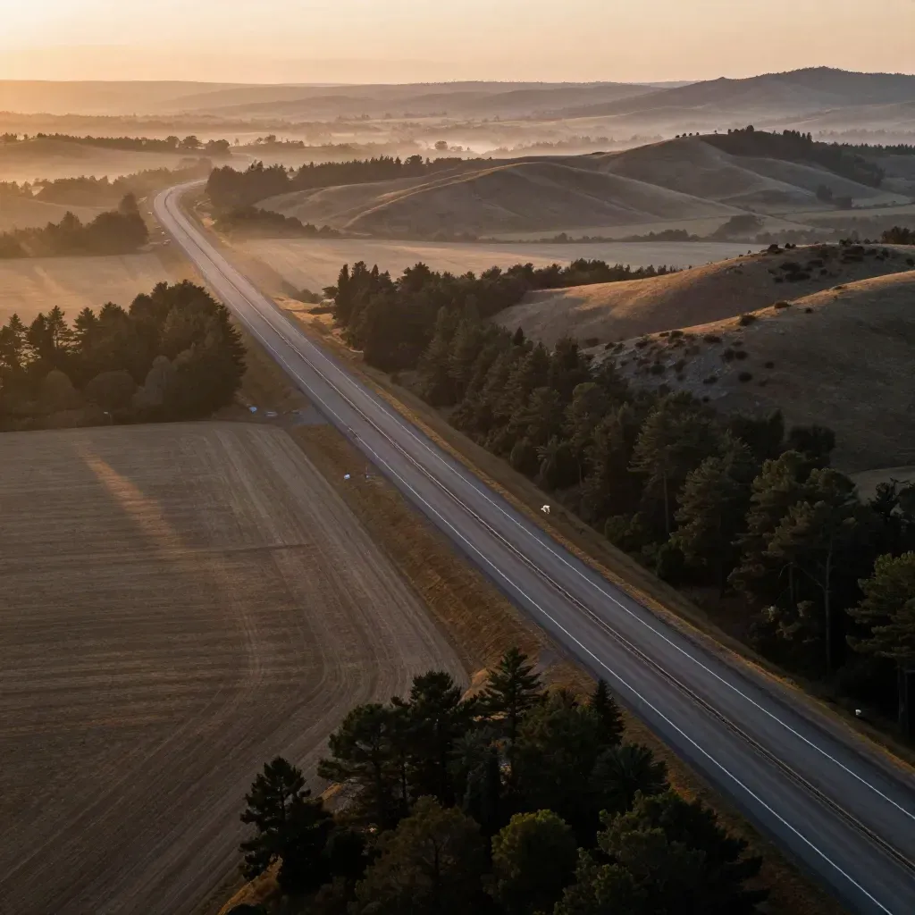 Hazy aerial of an interstate ribbon through treetops and low hills at sunset.